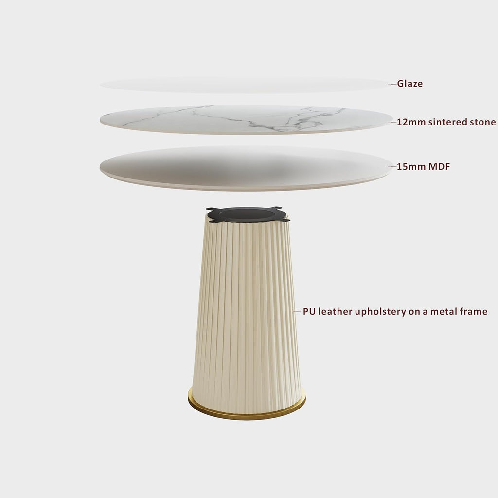 White Dining Table 43.30" Round Kitchen Table with Imitation Marble Grain Top & PU Leather Iron Pedestal,Modern Faux Marble Dinner Furniture for Kitchen Dining Room/Meeting Room