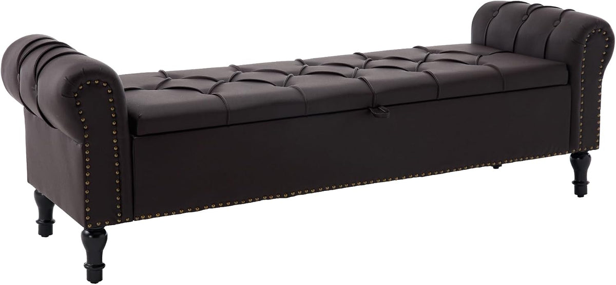 Faux Leather Storage Bench 67 Inch Upholstered Tufted Ottoman Bench with Arms Large Storage Space King Size End of Bed Bench for Bedroom Living Room Entryway Whiskey Coffee