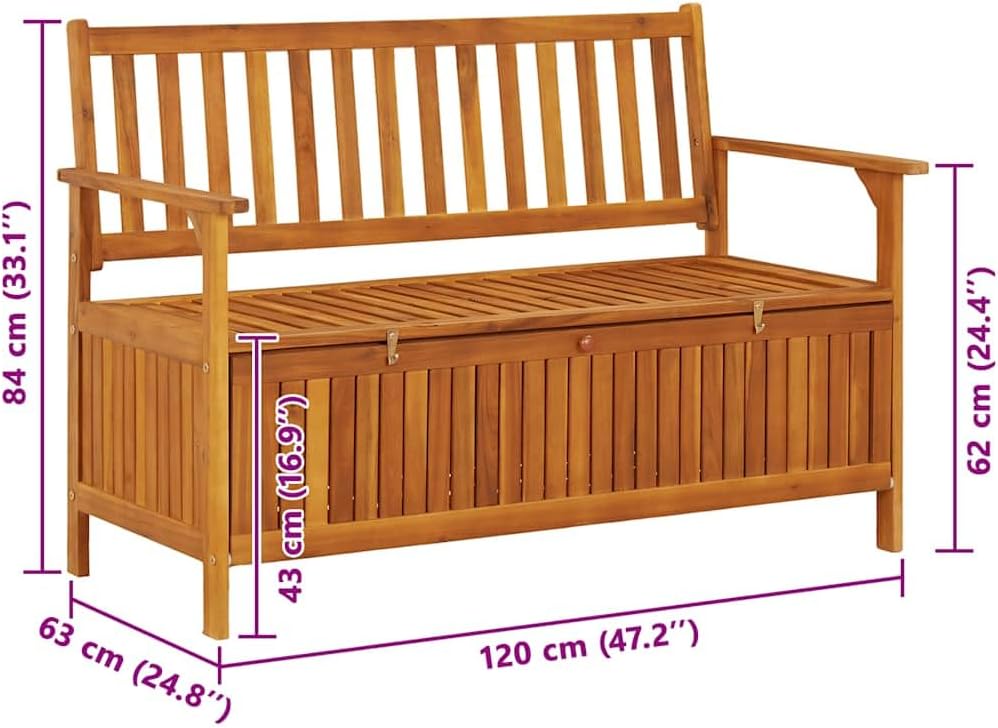 Patio Storage Bench 47.2" Solid Acacia Wood Outdoor Bench Seat with Armrests and Backrest, Garden Bench for Front Porch Furniture and Patio Furniture Storage