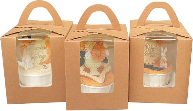 Bakepacker Auto-pop up Individual Cupcake Boxes with Window 60 Count Brown Single Cupcakes Box 3.6 x 3.6 x 4.3inch Cupcake Carrier