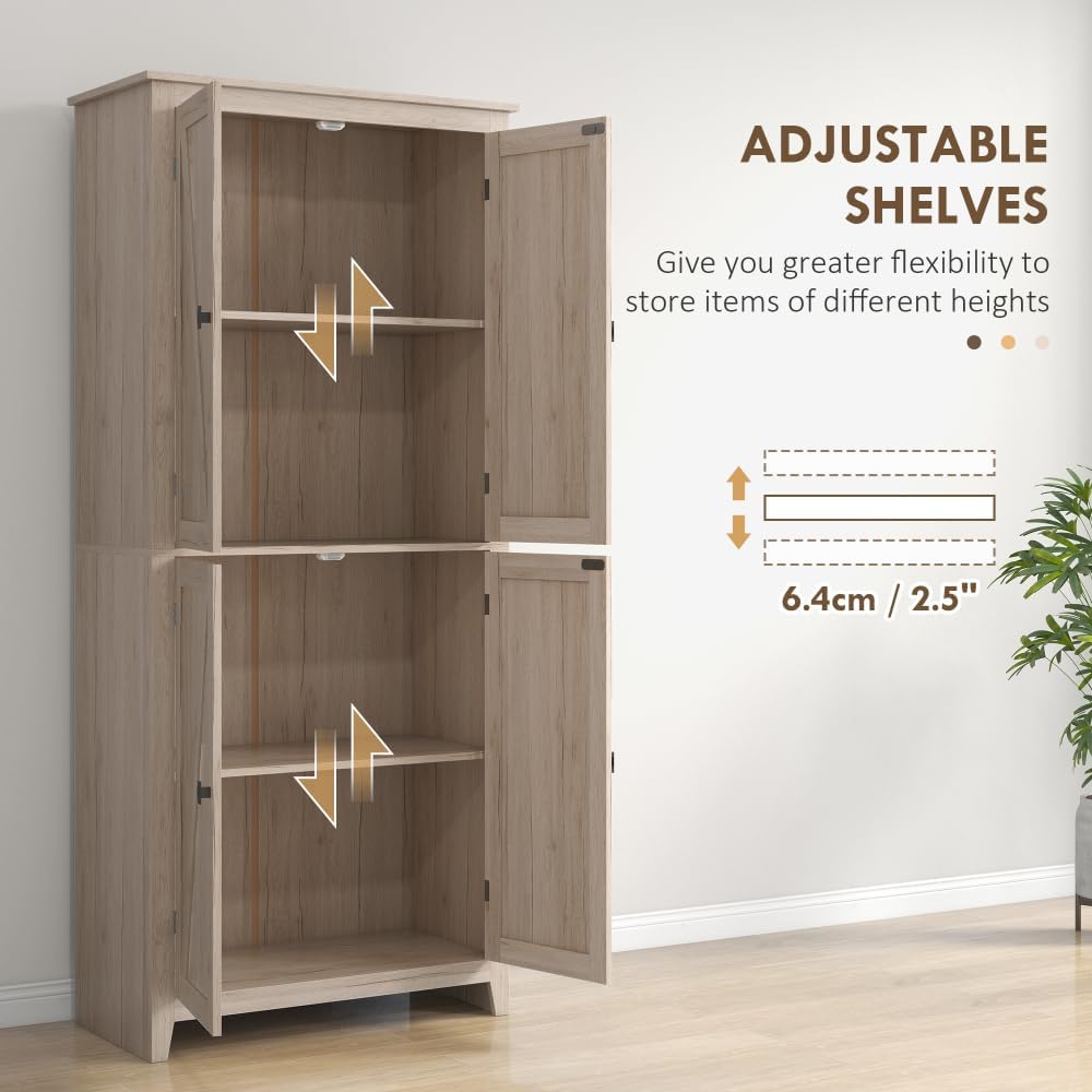 72" Freestanding 4-Door Kitchen Pantry, Storage Cabinet Organizer with 4-Tiers, and Adjustable Shelves, Natural