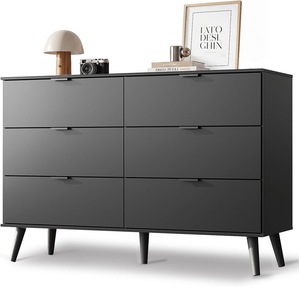 6-Drawer Moden TV Stand | Tall TV Console with Sturdy Metal Handles for Living Room，Black