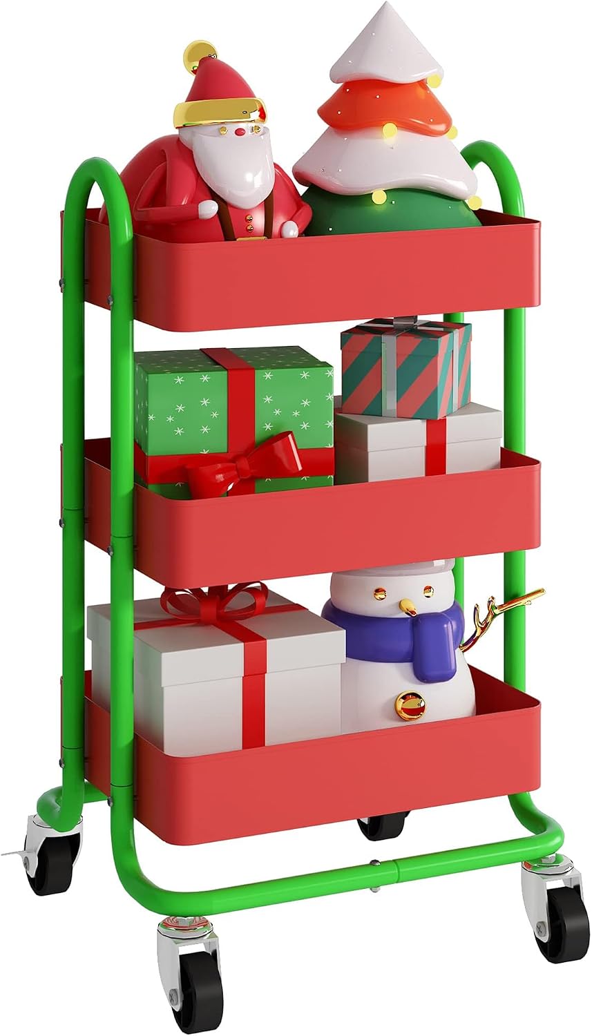 Metal Rolling Cart,3-Tier Metal Rolling Cart with Wheels,3 Tier Utility Cart with Wheels for Office,Home,Kitchen,Garden（13.4"x18.1"x31"） Red+Green