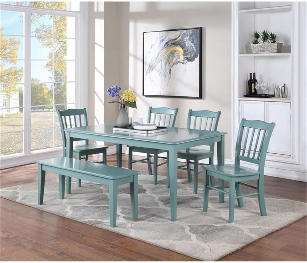 Pemberly Row Wood Colorado Dining Bench, 44 in, Rubberwood Construction, Aspen Valley Light Blue Finish, Tapered Legs, 600 lbs Capacity, Shaker Style Seating for Dining Room or Window Nook Use