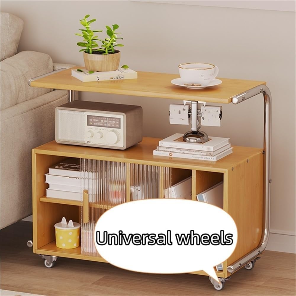 Modern Rolling Side Table End Table with Storage 360° Rollers Movable Night Stand Utility Cart Corner Table for Living Room (Natural)