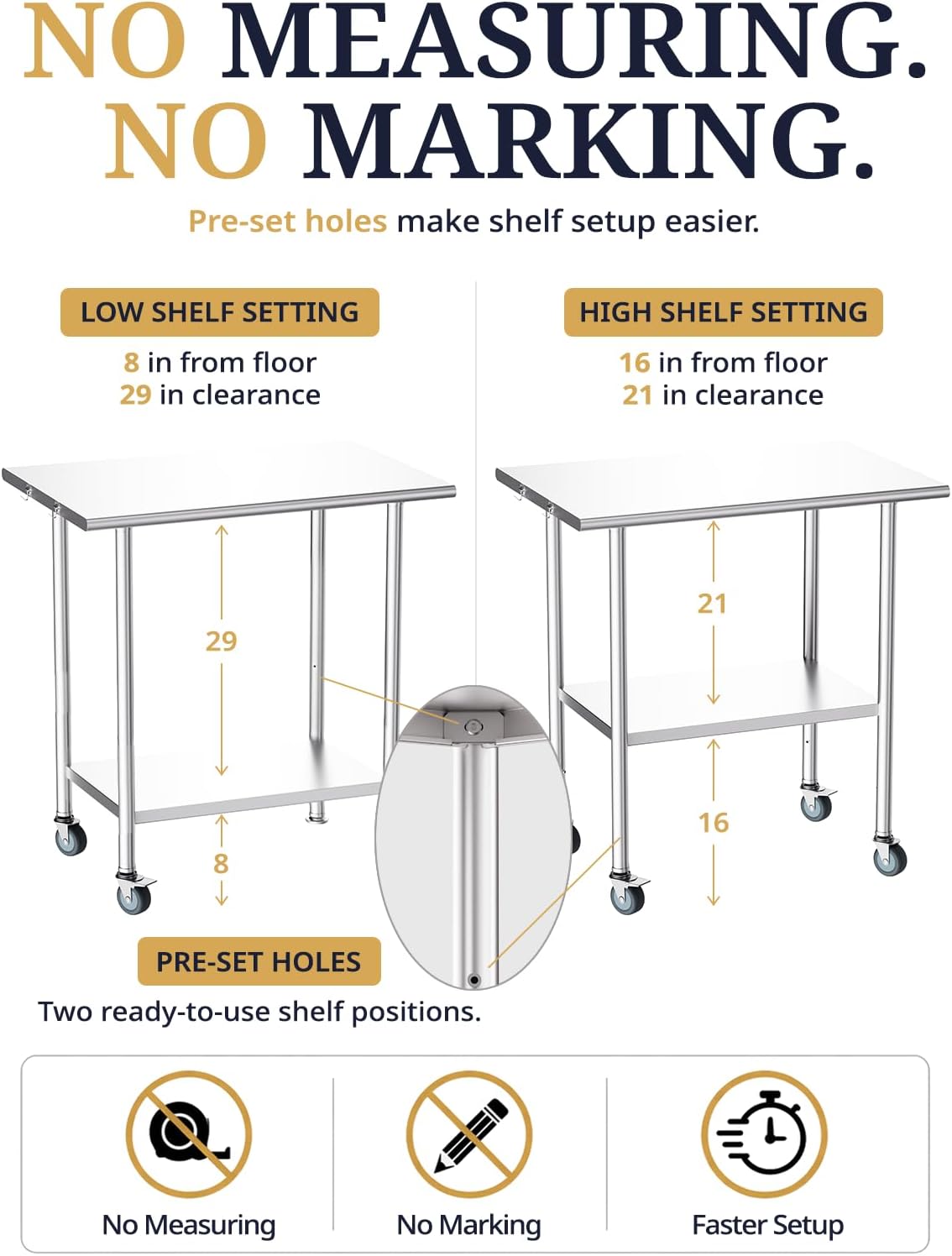 Atelicf NSF Stainless Steel Prep Table 24X48 inch, Flat Top & Casters | Mobile commercial-grade table for restaurants, kitchens, food trucks, breweries, bars, garages, and BBQ