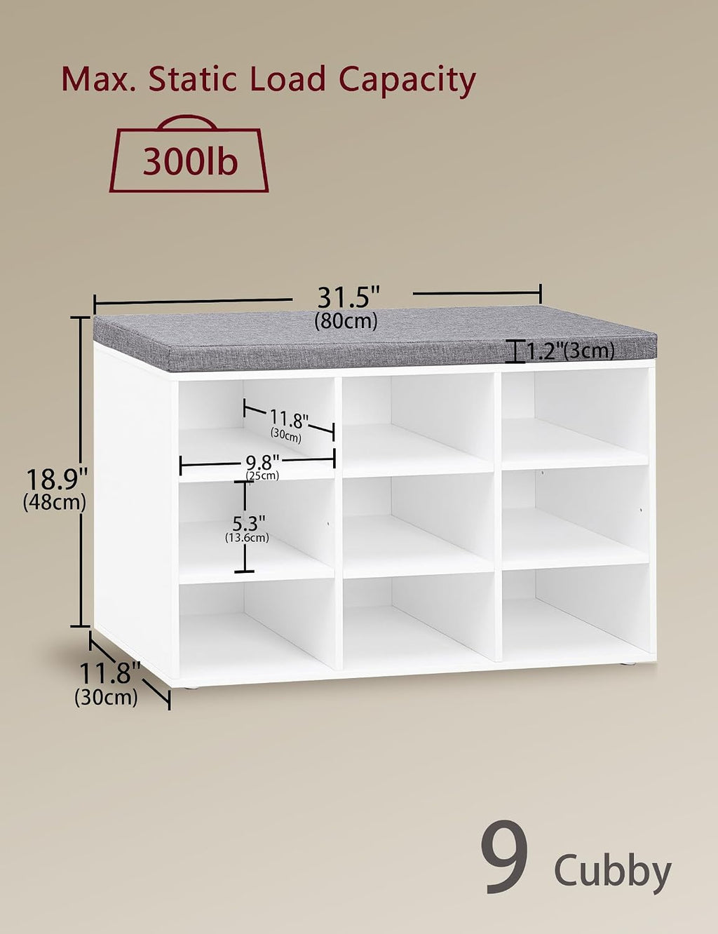 DINZI LVJ Shoe Storage Bench with Cushion, Cubby Shoe Rack with 9 Cubbies, Adjustable Shelves, Multifunctional Shoe Organizer Bench for Entryway, Mudroom, Hallway, Closet and Garage, White