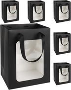 MOXARYSU 6 Pcs Black Gift Bags with Clear Window: 9.8x5.1x7.1 Inch Medium Kraft Paper Bags with Handle For Party Business Birthday Wedding (Black, 6p)