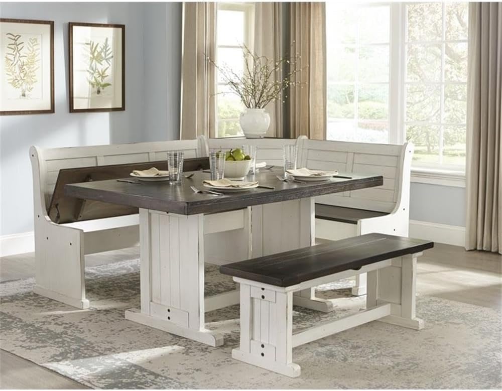 Pemberly Row 4-Pieces Dining Set Wood, Rectangular in Brown (36" H x 75" W x 56" D) for Kitchen, Dining Room with Table, Reversable Benches, and Storage Space