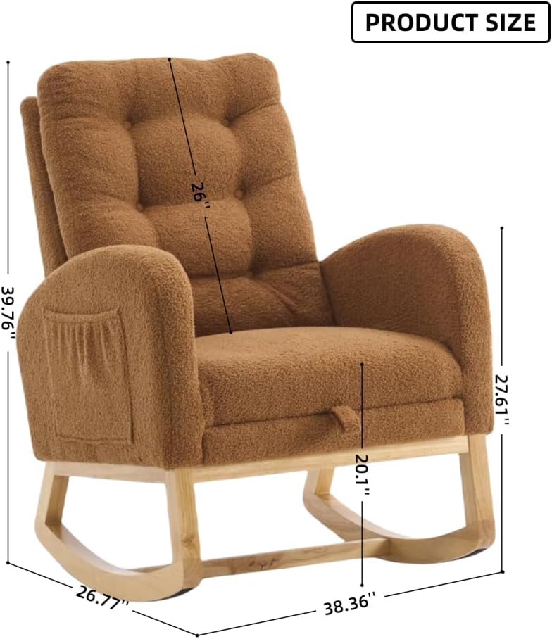Accent Rocking Chair with Footrest High Back Rubber Wood Rocking Legs Bedroom Living Space (Caramel + Teddy + Foam)