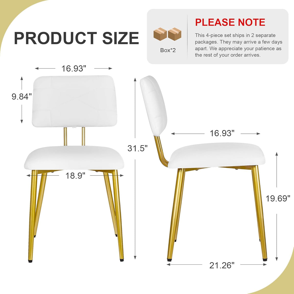 VECELO Dining Chairs Set of 4, Modern Upholstered Kitchen Chairs with Faux Leather Cushion Seat & Metal Legs for Kitchen, Living Room, Tufted Backrest Design, White