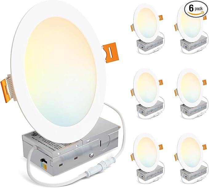 LVWIT 6 Pack 8 Ince LED Recessed Light, 18W 5CCT Ultra-Thin Dimmable Can Lights with Junction Box, High Brightness Canless Wafer Downlight for Kitchen Hallway Dining Room