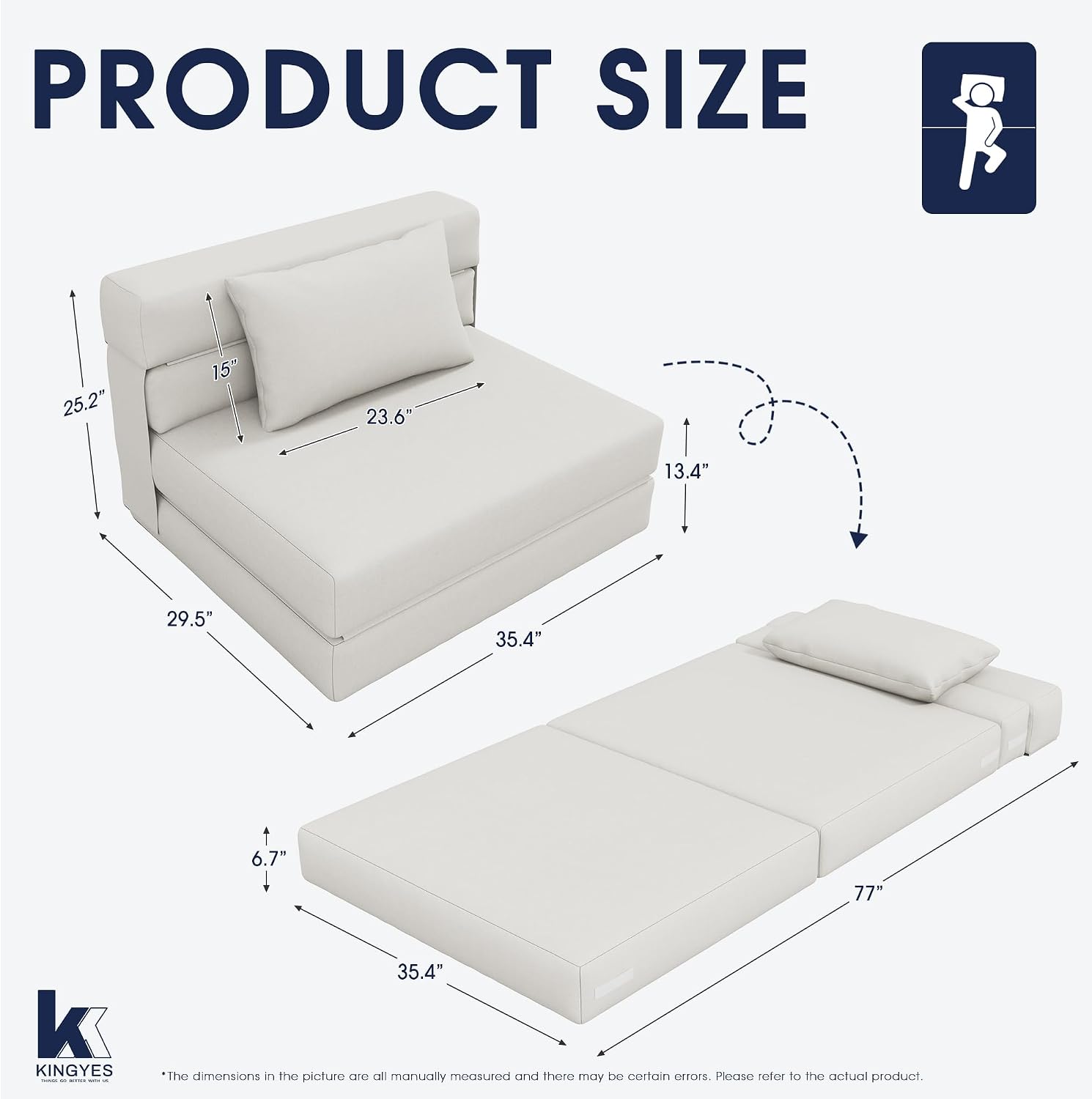 KINGYES 3-in-1 Foldable Chair Bed, Folding Sleeper Chair with Back Cushion, Convertible Sofa Bed for Adults, Cream Beige