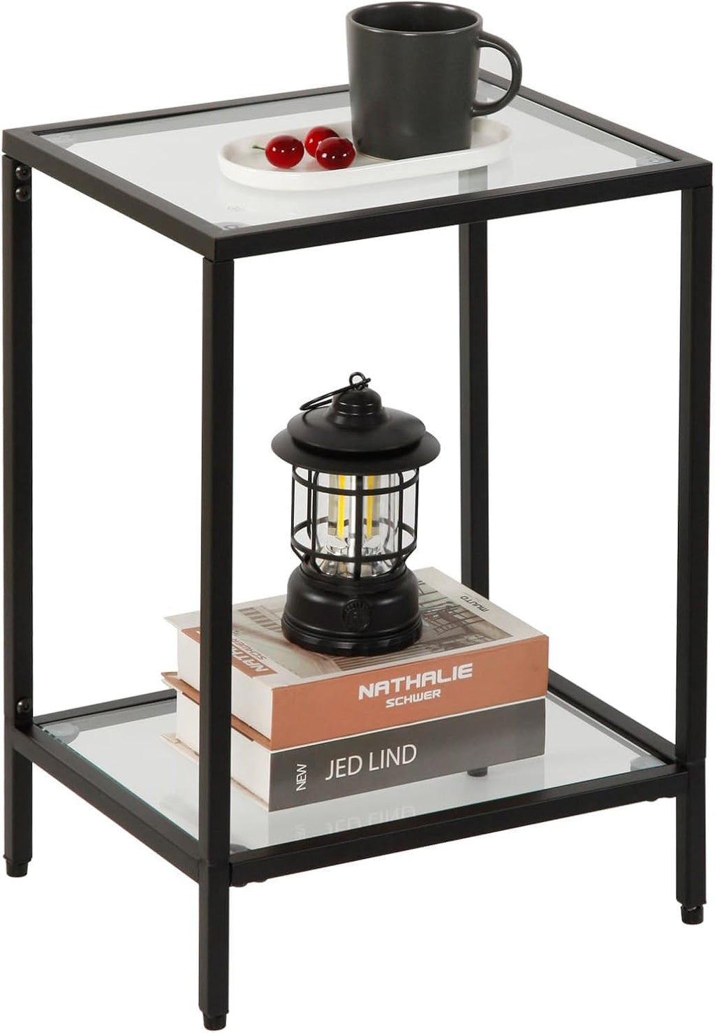 Gawicpy Modern 2-Tier Tempered Glass End Table - Stylish Black Metal Side Table for Small Spaces, Perfect for Living Room & Bedroom (Black, 1PCS)