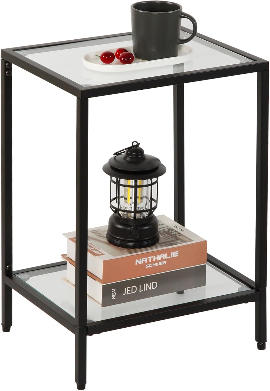 Gawicpy Modern 2-Tier Tempered Glass End Table - Stylish Black Metal Side Table for Small Spaces, Perfect for Living Room & Bedroom (Black, 1PCS)