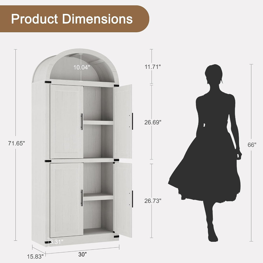 Arched Storage Cabinet 71.6" Tall Storage Pantry, Farmhouse Pantry White Kitchen Cabinet withDoors, 5 Tier Kitchen Cabinets for Dining Room Rustic White