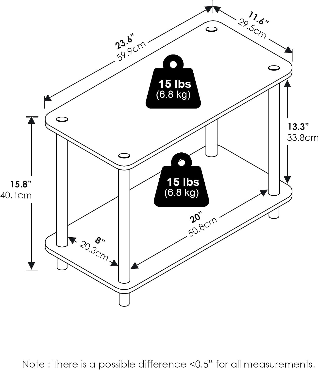 Furinno Turn-N-Tube Side Table, 2-Tier Wide End Table with Open Shelf, Toolless Assembly Night Stand, Bedside Table, for Living Room, Bedroom, Light Beech