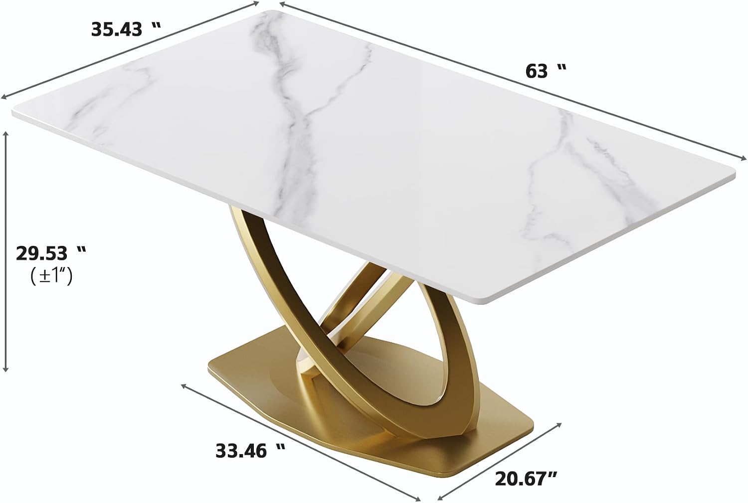 Montary Artificial Marble Dining Table, Modern 63”Sintered Stone Dining Table for 4-6 Seat, White Rectangle Dining Room Table with Gold Double-Ring Stainless Steel Base (Only Table)