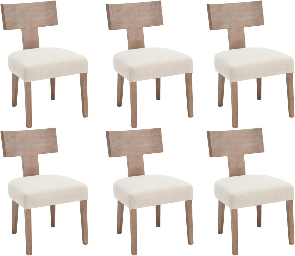 Linen Dining Chairs Set of 6 with Natural Wood Legs, Farmhouse Upholstered Side Chair with Curved Backrest for Living Room/Restaurant, Beige-Light Brown Legs