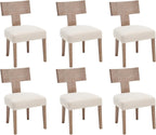 Linen Dining Chairs Set of 6 with Natural Wood Legs, Farmhouse Upholstered Side Chair with Curved Backrest for Living Room/Restaurant, Beige-Light Brown Legs
