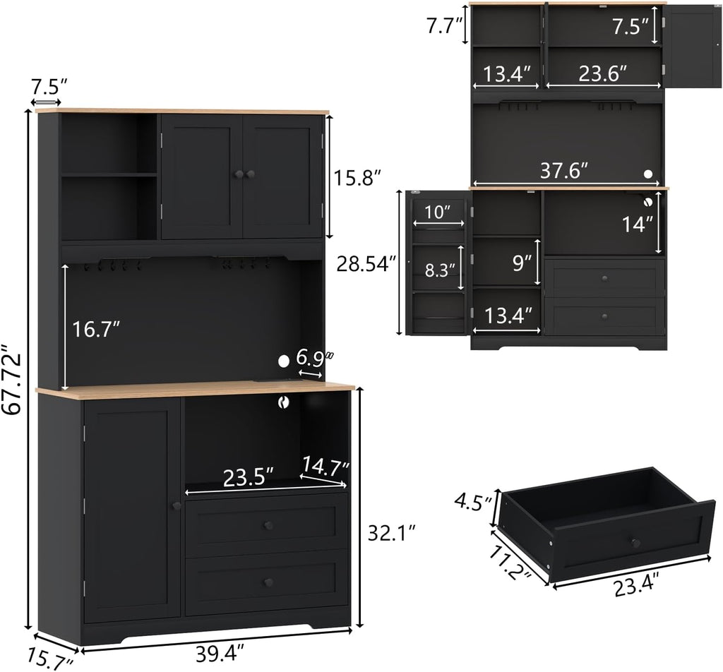 68"Tall Kitchen Pantry Storage Cabinet with Charging Station, Door & Shelf | Upgrade Pantry Cabinet with Wine & Glass Holder, Kitchen Hutch Cabinet with Microwave Stand, for Kitchen (Black)
