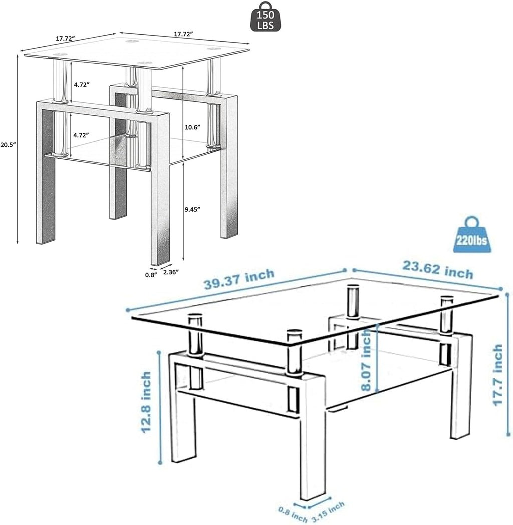 Living Room Tables Set,3 Piece Glass Coffee Table and End Tables Set with Tempered Glass Tabletop and Metal Frame for Living Room,Apartment, Small Space, Full Black