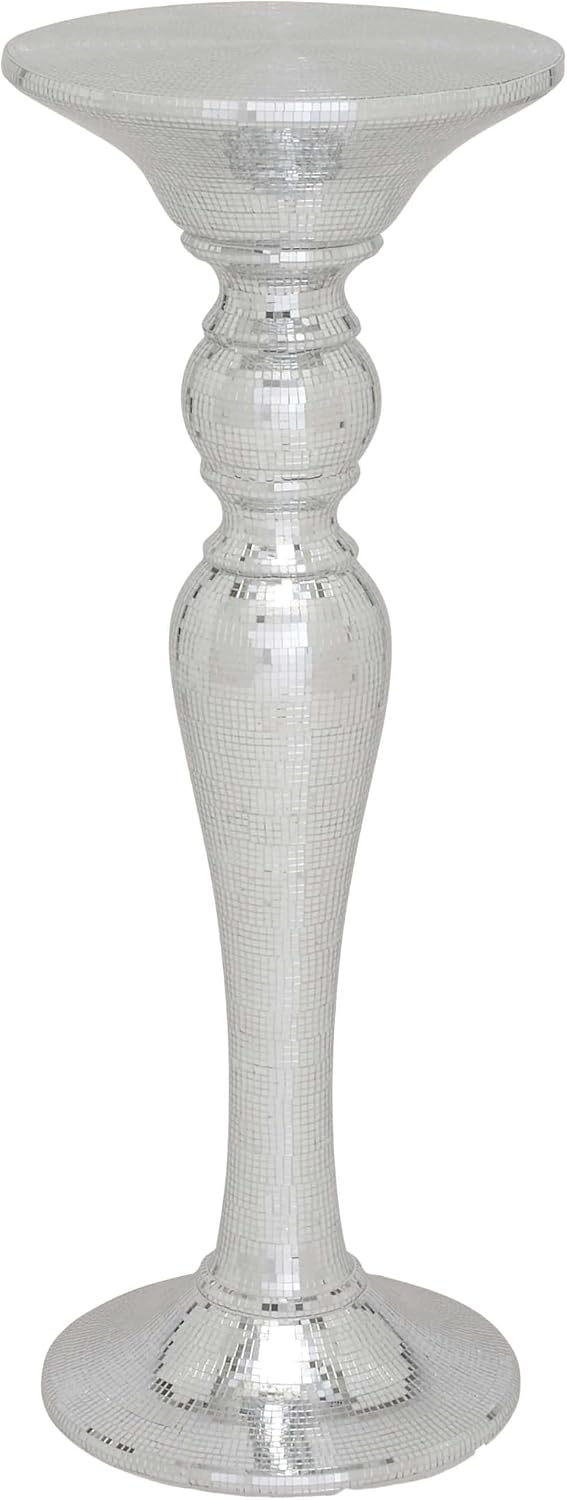 Deco 79 Polystone Round Pedestal Table with Mosaic Mirror Inlay, 14" x 14" x 36", Silver