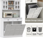 Gyfimoie Kitchen Pantry Cabinet with Double Tilt Out Trash Cabinet, 68" Tall Storage Cabinets with 2 Drawers & Hutch, 20 Gallon Hidden Trash Can Cabinets, Kitchen Cupboard with Microwave Coffee Stand