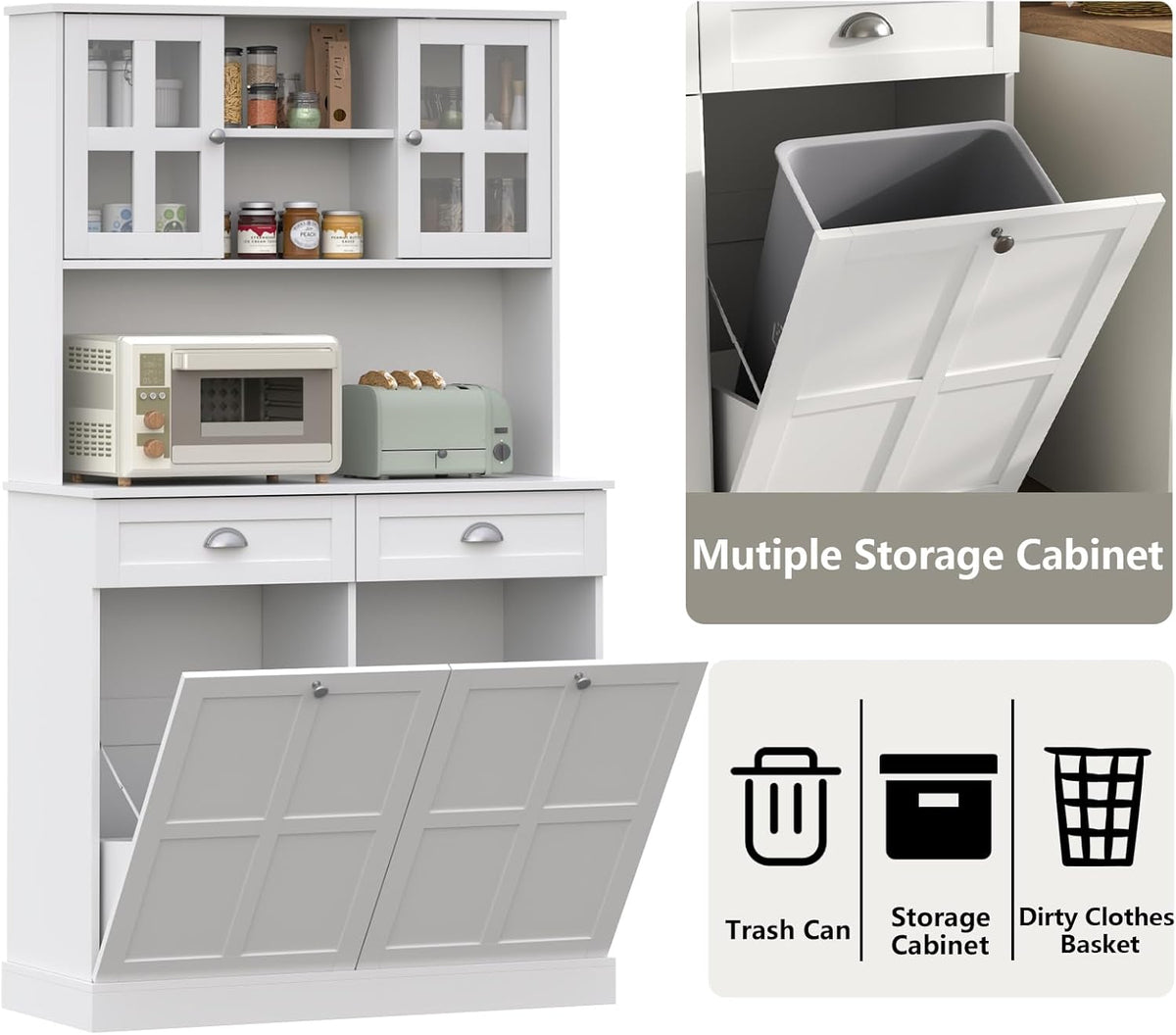 Gyfimoie Kitchen Pantry Cabinet with Double Tilt Out Trash Cabinet, 68" Tall Storage Cabinets with 2 Drawers & Hutch, 20 Gallon Hidden Trash Can Cabinets, Kitchen Cupboard with Microwave Coffee Stand