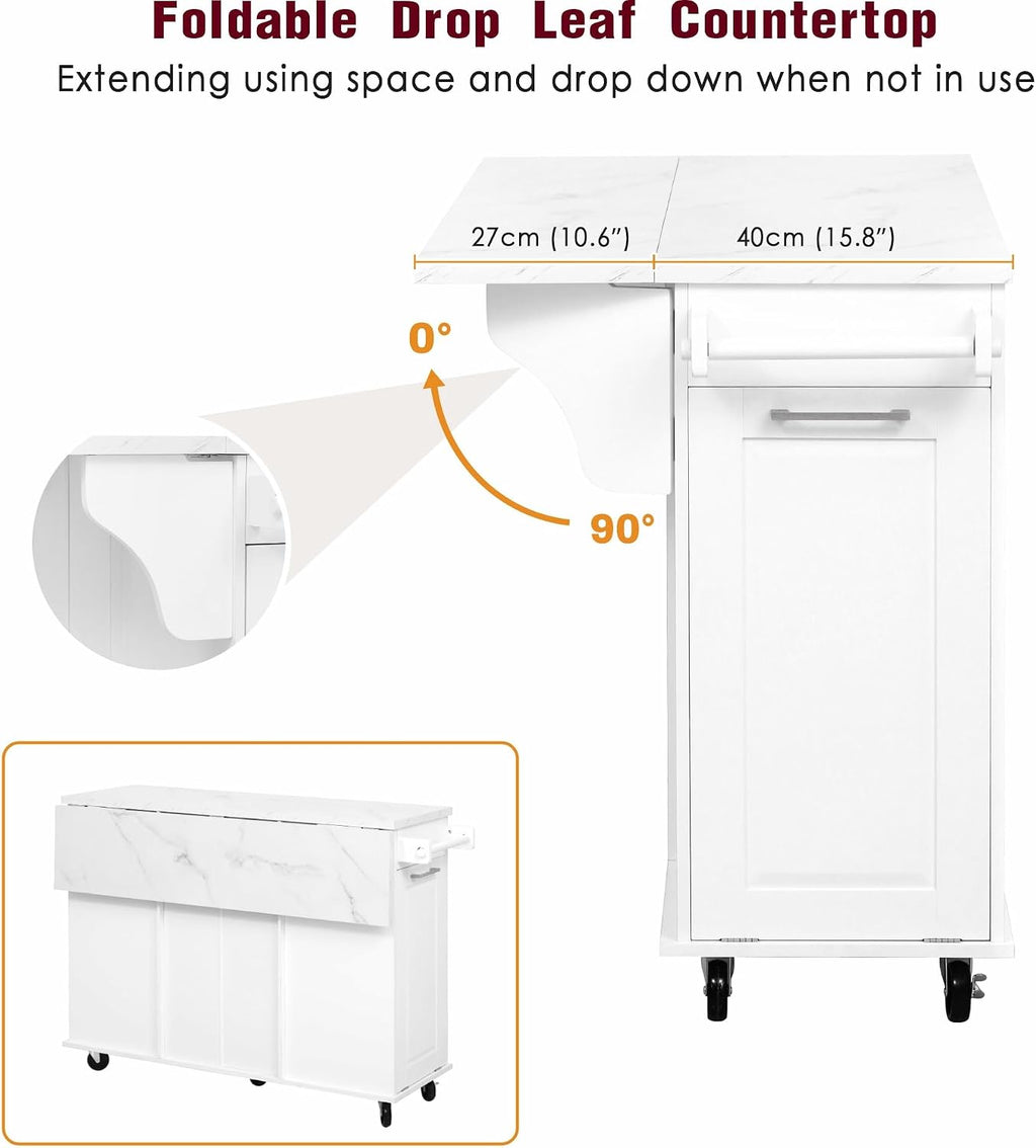 50.7" Kitchen Island with Trash Can Storage Cabinet & Drop Leaf | Island Table for Kitchen, White Faux Marble Top, Double-Tier Pull-Out Cabinet, Foldable Workspace, 5 Wheels