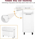 50.7" Kitchen Island with Trash Can Storage Cabinet & Drop Leaf | Island Table for Kitchen, White Faux Marble Top, Double-Tier Pull-Out Cabinet, Foldable Workspace, 5 Wheels