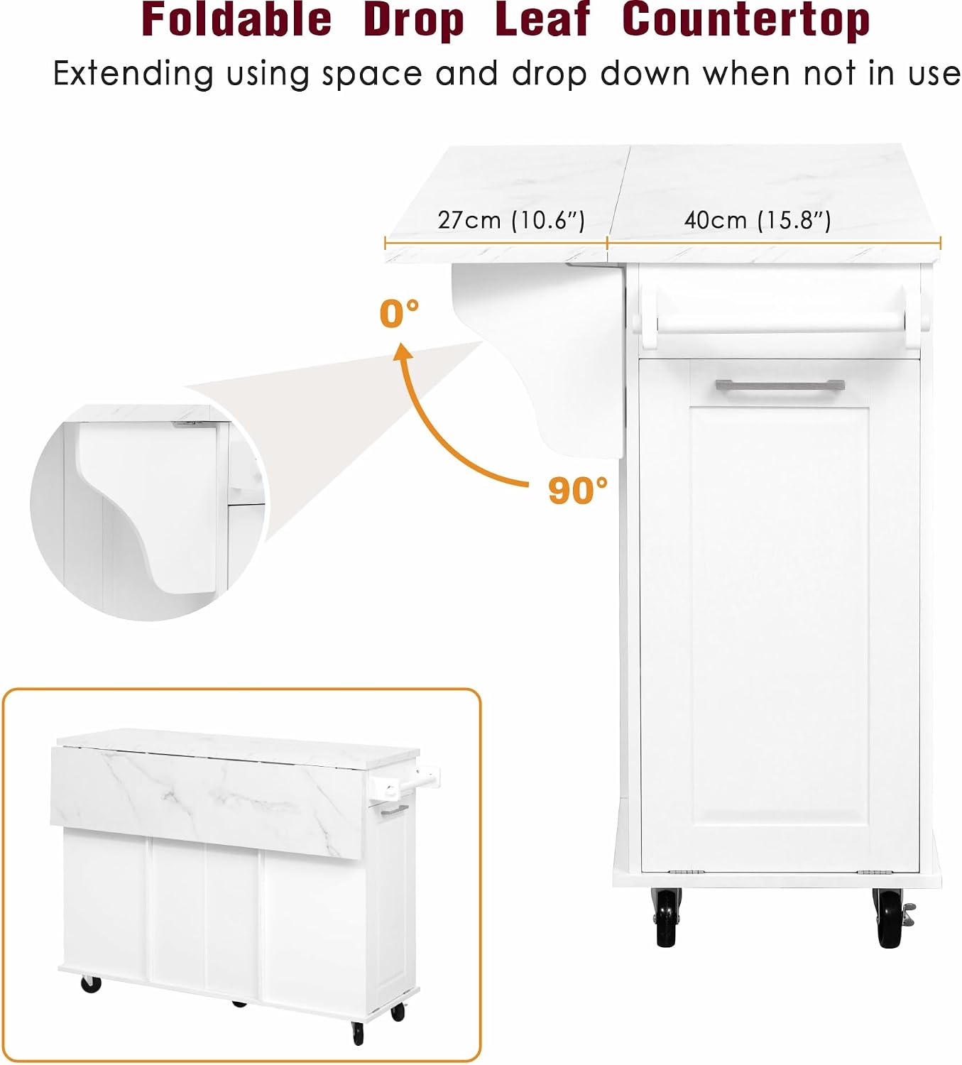 50.7" Kitchen Island with Trash Can Storage Cabinet & Drop Leaf | Island Table for Kitchen, White Faux Marble Top, Double-Tier Pull-Out Cabinet, Foldable Workspace, 5 Wheels