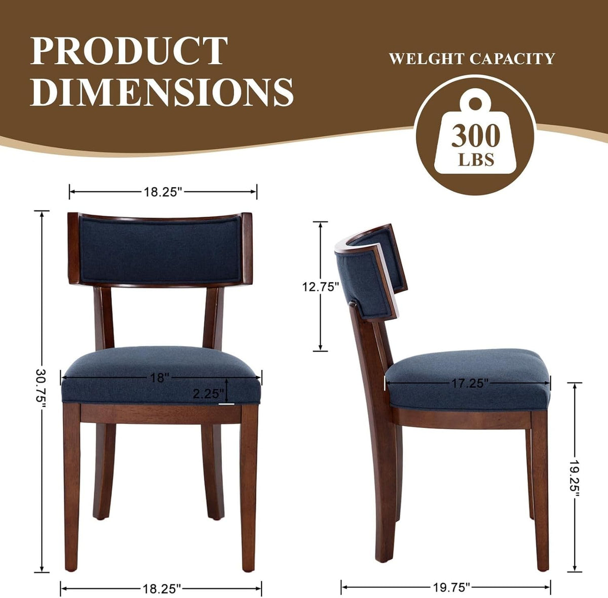Blue Dining Chairs Set of 6, Upholstered Linen Fabric Dining Room Chairs with Curved Backrest, Armless Solid Wood Farmhouse Kitchen Side Chairs for Dining/Living Room, Blue