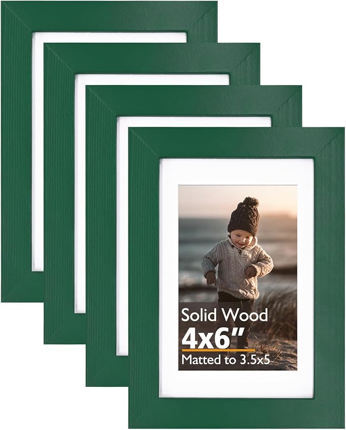 KINLINK 4x6 Picture Frames Green Wood Frames with Acrylic Plexiglass for 3.5x5 with Mat or 4x6 without Mat, Tabletop and Wall Mounting Display, Set of 4