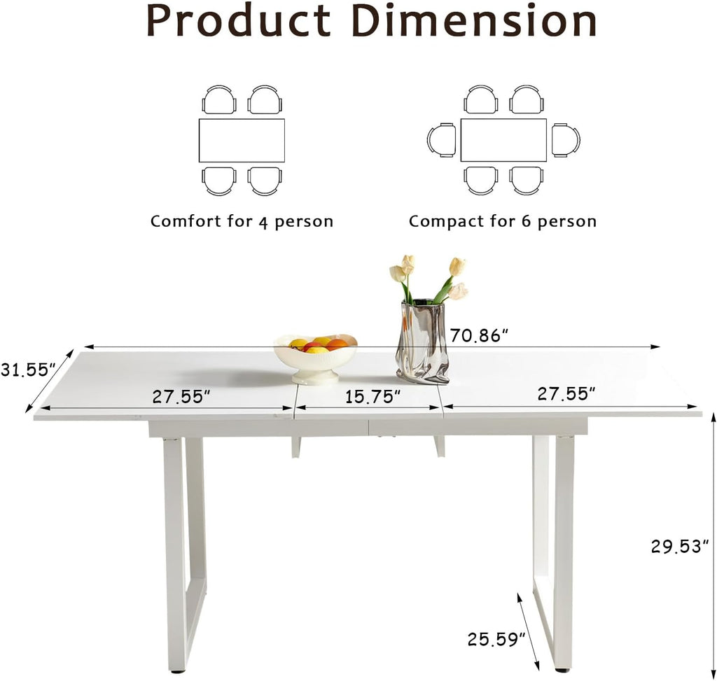 Extendable Dining Table for 4-6 People,70.86''Modern Space-Saving Kitchen Table with Metal Legs,Foldable Rectangular Conference Table for Living Room & Kitchen Meetings(White)