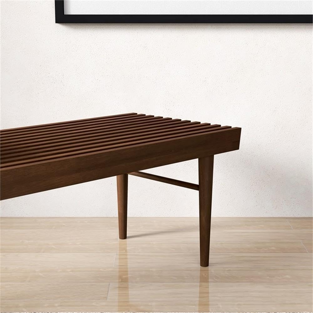Pemberly Row 47" Mid Century Modern Rectangle Felicity Brown Teak Wood Bench Seat for Living Room, Dining Room, Bedroom, Entrance, Hallway, in Walnut Finish