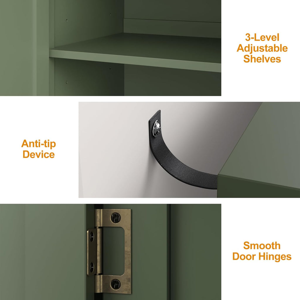 Fansafurn 63" Carved Buffet Cabinet with Mirrored Door, Modern Console Table with Storage and Adjustable Shelves, Wood Media Sideboard for Entryway, Living Room, Bedroom, Dining Room, Bathroom (Green)