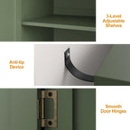 Fansafurn 63" Carved Buffet Cabinet with Mirrored Door, Modern Console Table with Storage and Adjustable Shelves, Wood Media Sideboard for Entryway, Living Room, Bedroom, Dining Room, Bathroom (Green)