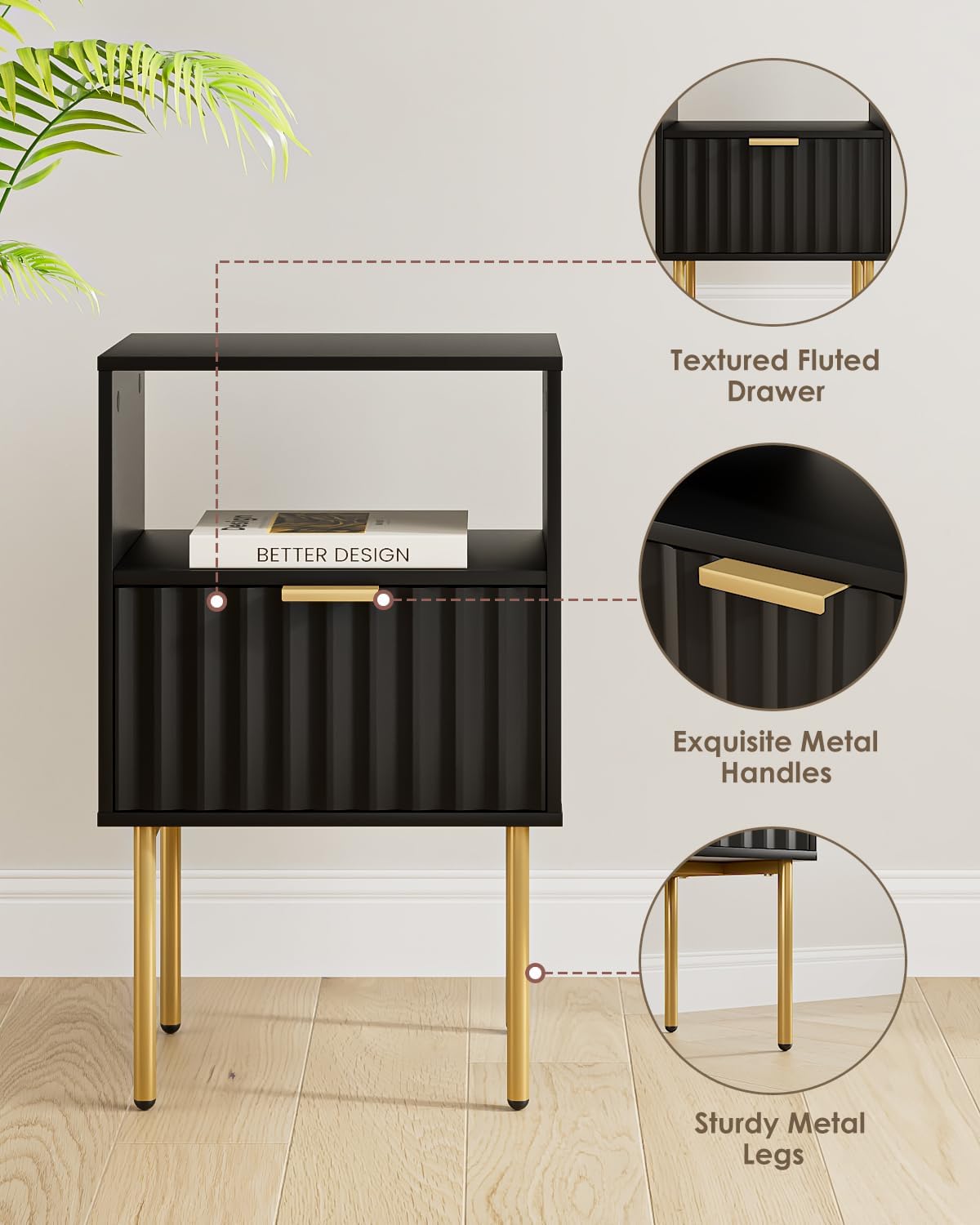 Nightstand,Modern Bedside Table with Gold Frame,White Night Stand,Bedside Furniture, Modern Side Table with Drawer and Shelf for Bedroom (Black)