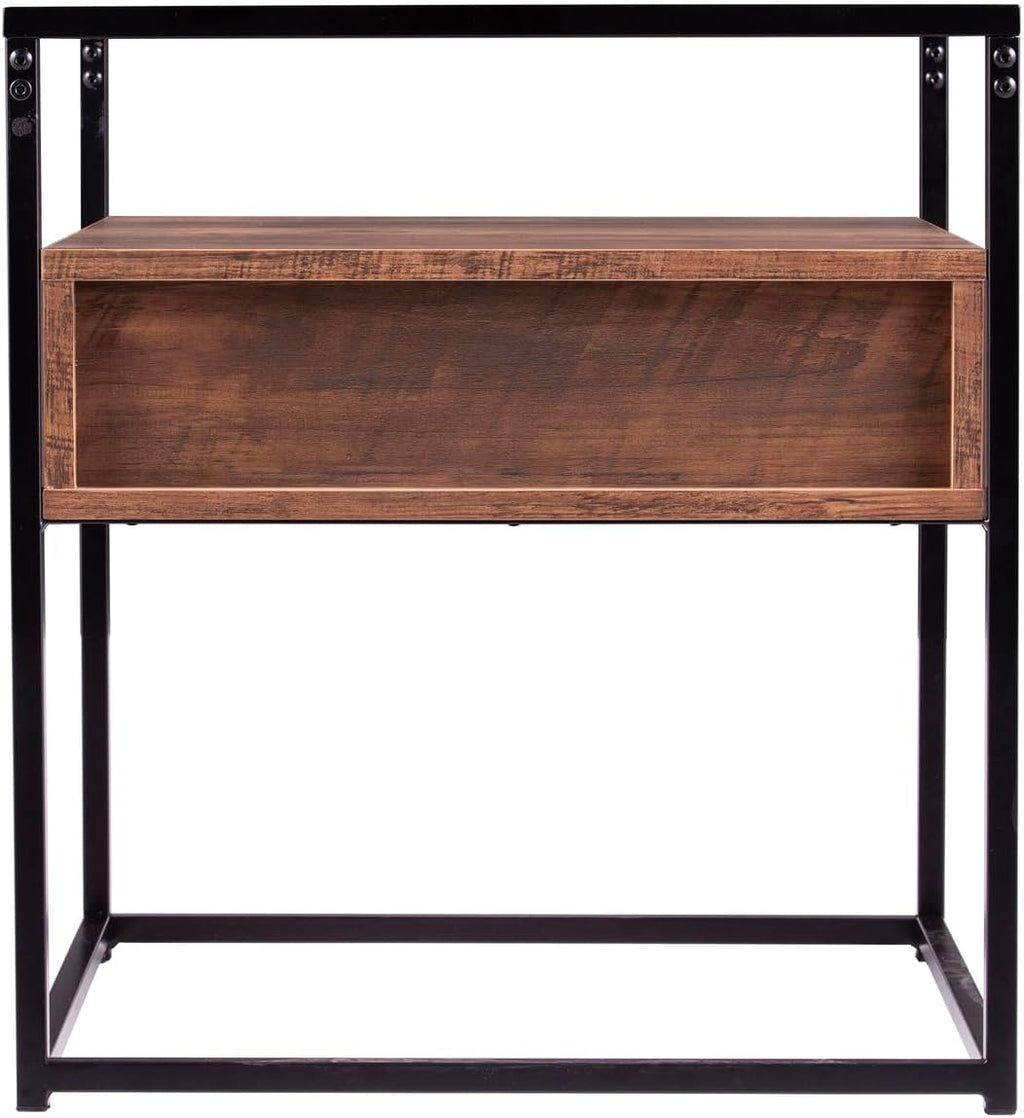 HomeStock Glass Top End Table with Drawer & Shelf - Industrial Accent Table - 20" Square