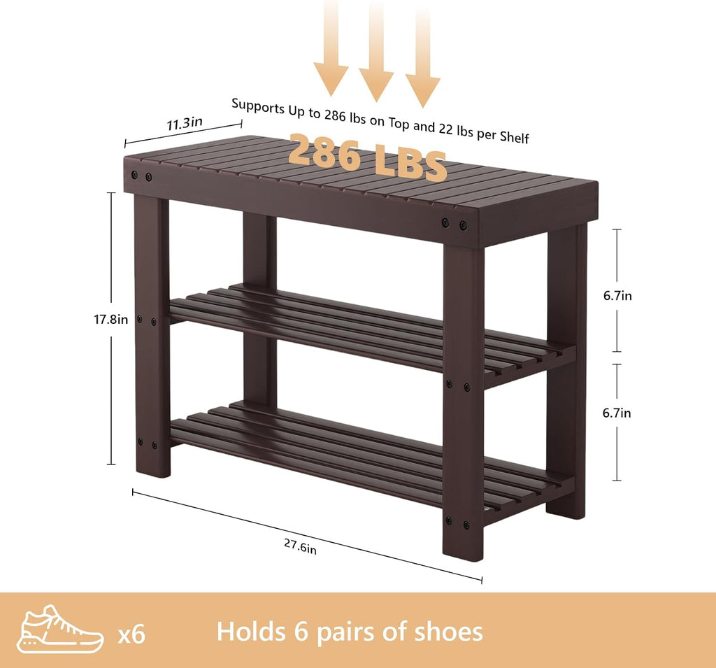 NEWBULIG Shoe Rack Bench, 3-Tier Bamboo Shoe Organizer, Wooden Entryway Storage Bench, 286 lb Load Capacity, 11.2x27.6x17.9 Inches, for Entryway Bathroom Bedroom Balcony, Brown