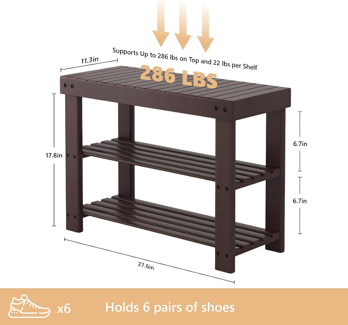 NEWBULIG Shoe Rack Bench, 3-Tier Bamboo Shoe Organizer, Wooden Entryway Storage Bench, 286 lb Load Capacity, 11.2x27.6x17.9 Inches, for Entryway Bathroom Bedroom Balcony, Brown