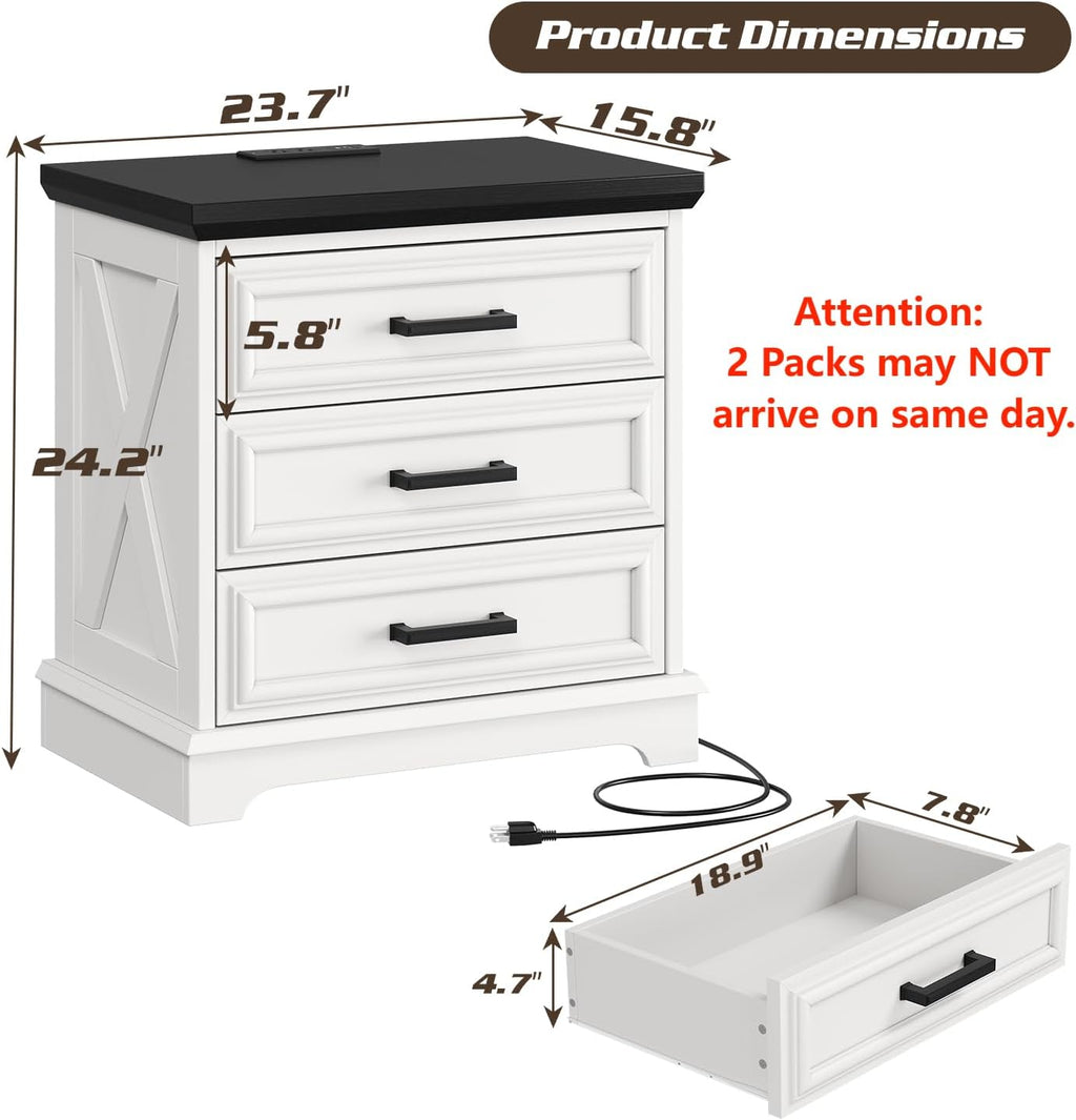 knoworld 24 Inch Wide Farmhouse Nightstands Set of 2 with Charging Station, White Nightstand with 3 Large Drawers, Rustic Wood End Table for Bedroom