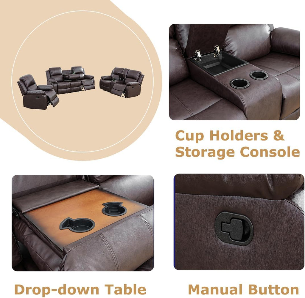 Manual Reclining Couch Sofa Set with Drop-Down Table, 3 Pieces Brown Leather Recliner Couch Sets, Living Room Furniture Sets, Recliner Sofa with Storage Console/Cup Holder for Home/Apartment