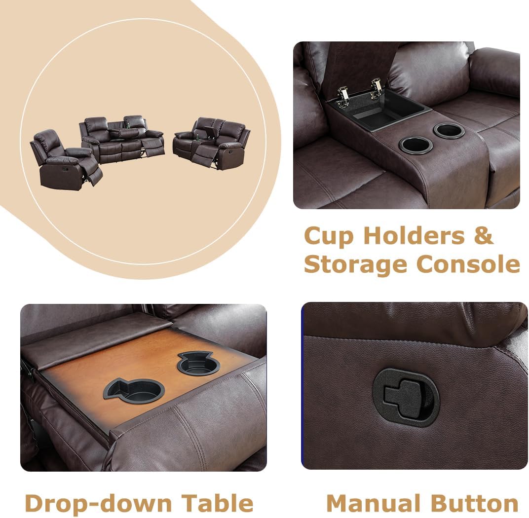 Manual Reclining Couch Sofa Set with Drop-Down Table, 3 Pieces Brown Leather Recliner Couch Sets, Living Room Furniture Sets, Recliner Sofa with Storage Console/Cup Holder for Home/Apartment