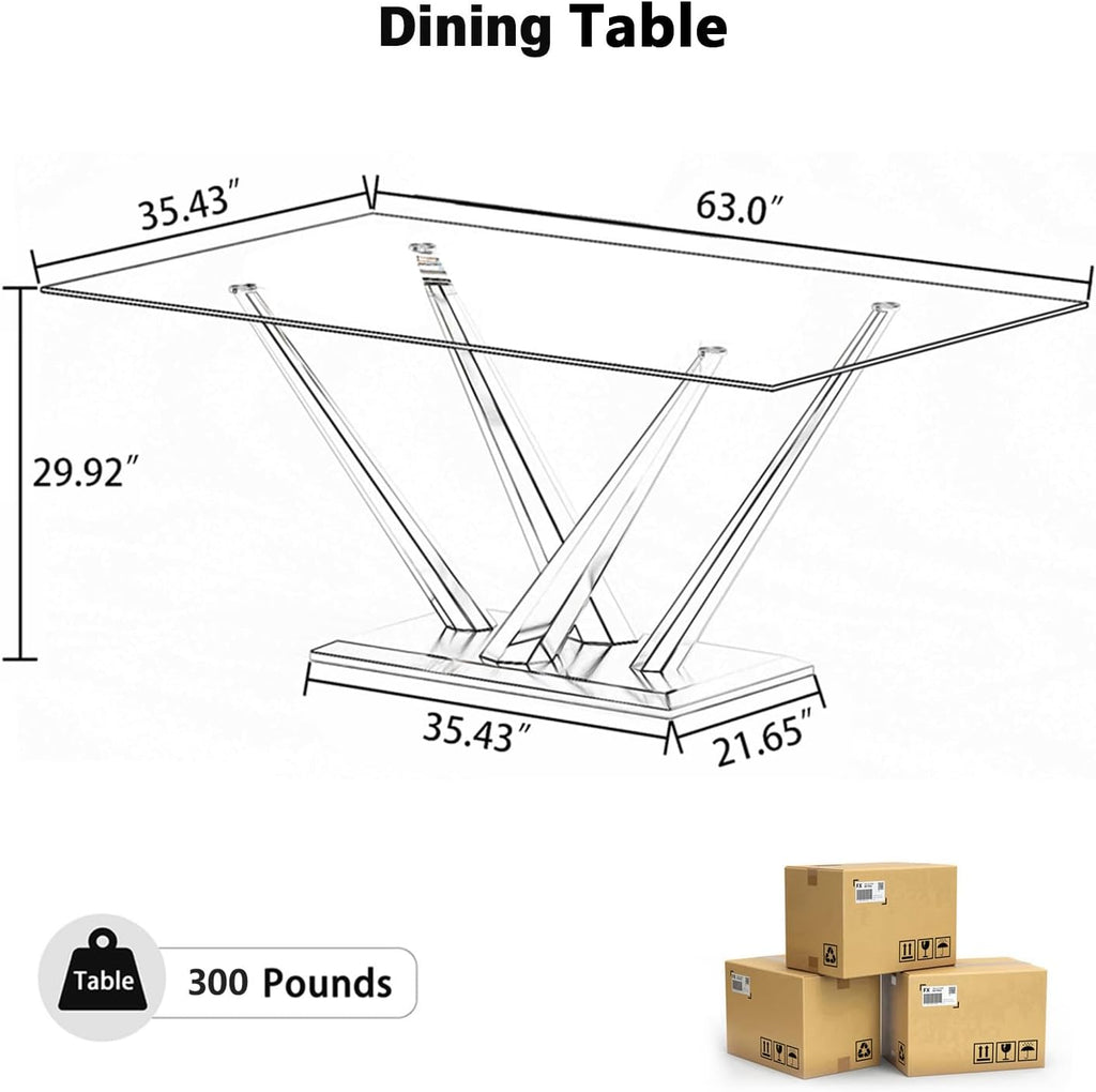 63'' Rectangular Glass Dining Table for 4-6, Luxury Kitchen Table with Tempered Glass and Aesthetic Gold Stainless Steel Base, Modern Dinner Table for Home, Apartment
