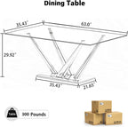 63'' Rectangular Glass Dining Table for 4-6, Luxury Kitchen Table with Tempered Glass and Aesthetic Gold Stainless Steel Base, Modern Dinner Table for Home, Apartment
