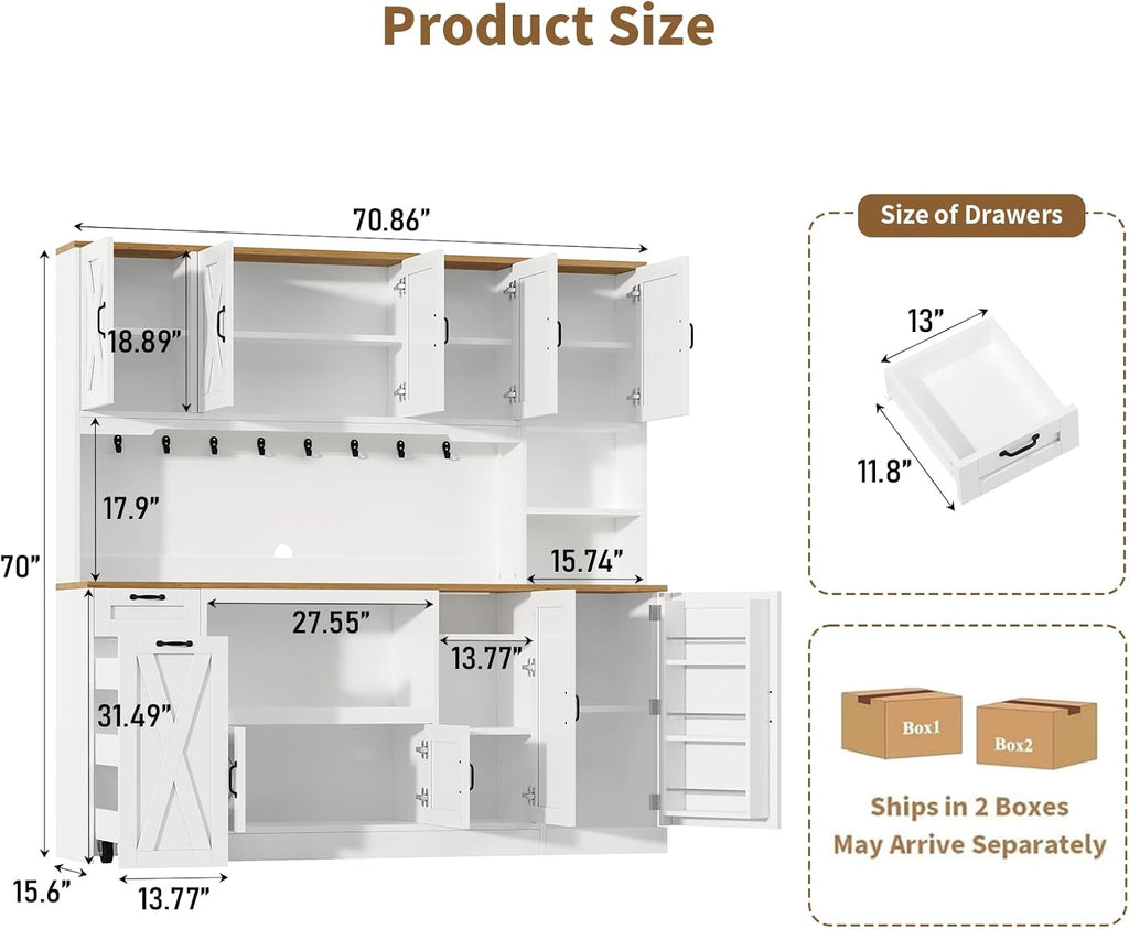 70.87" Kitchen Pantry Cabinet with LED Lighting & Charging Station, Farmhouse Storage Cabinet with X Barn Doors, Pull-Out Shelf & Adjustable Shelves, Coffee Bar Pantry for Dining Room, White