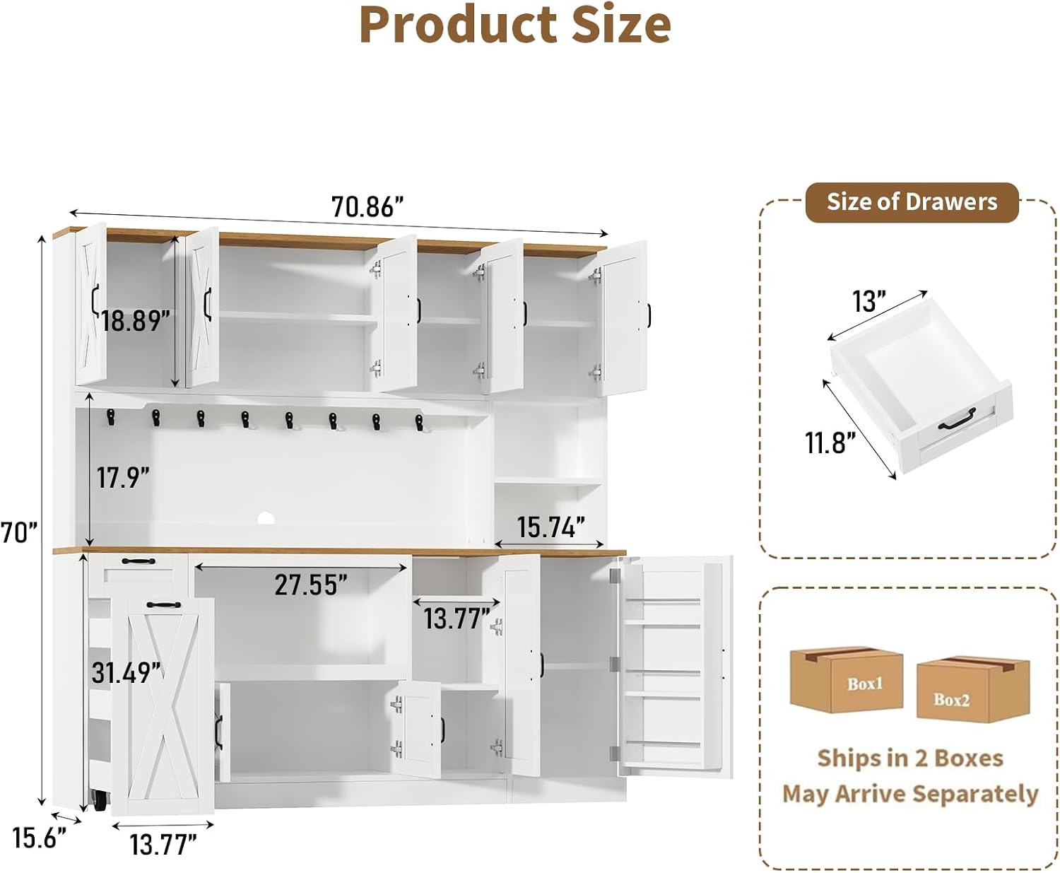 70.87" Kitchen Pantry Cabinet with LED Lighting & Charging Station, Farmhouse Storage Cabinet with X Barn Doors, Pull-Out Shelf & Adjustable Shelves, Coffee Bar Pantry for Dining Room, White