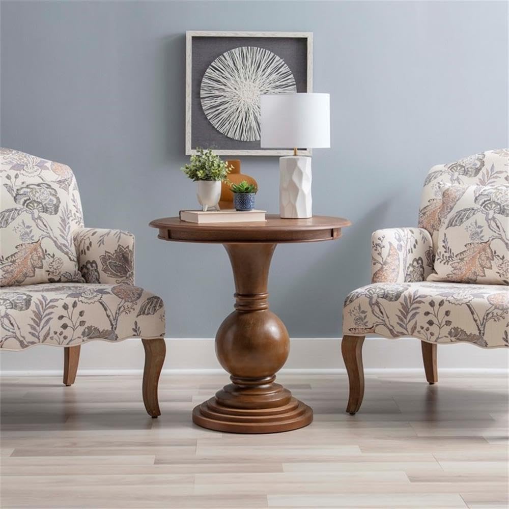 MAKLAINE Round Accent Table, 26.5" High, Engineered Wood, Rustic Natural Finish, Turned Pedestal, Stepped Base, Compact Design, Decorative Display or End Table for Living Room, Bedroom, Small Spaces